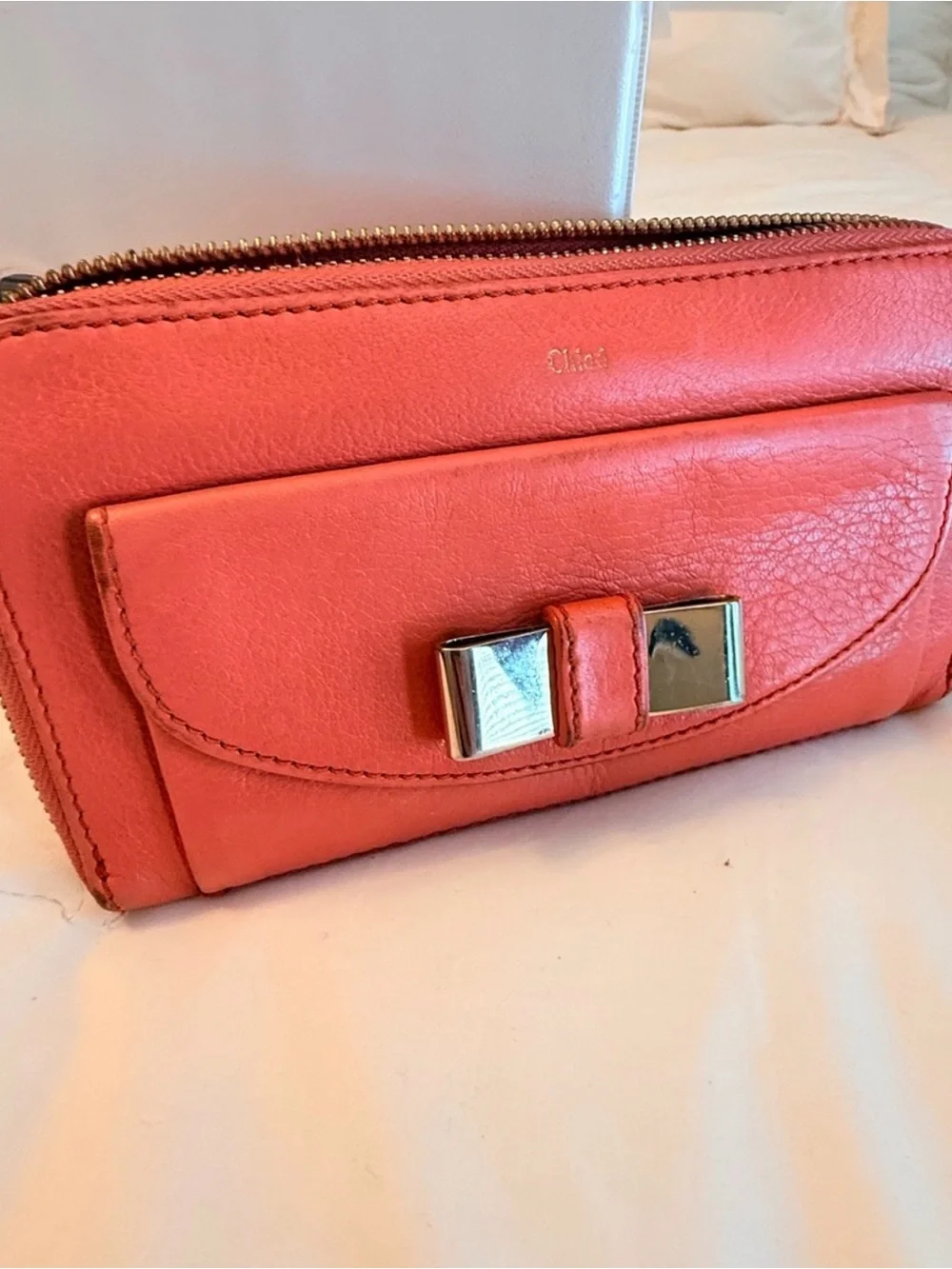 Chloe Coral Pink Leather Zip Clutch Wallet with Silver Bow Accent EUC